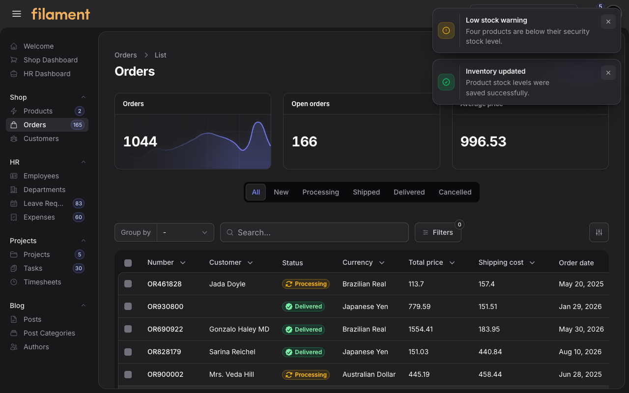 Stature Theme Shop inventory notifications in dark mode