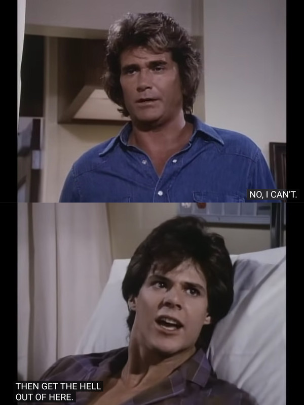 Actors Michael Landon, Ken Olandt in Highway to Heaven