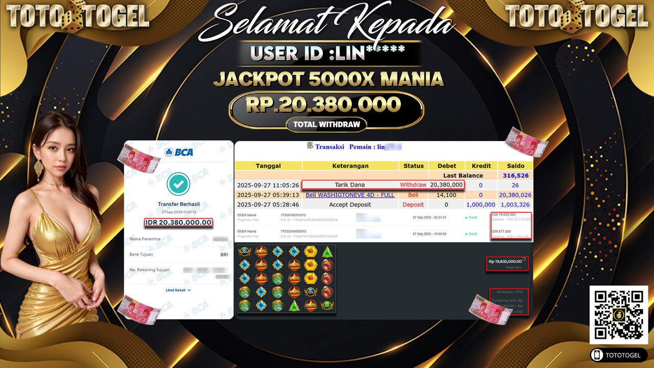 Bukti Pembayaran Jackpot Permainan Slot 5000X Mania ID:LIN*** LUNAS
