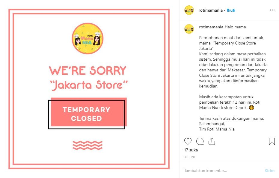 Gerai Roti Mama Nia Jakarta tutup untuk sementara waktu