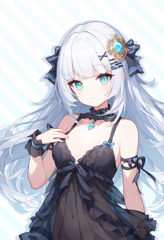 1girl, striped background, aqua eyes, long hair, hime cut, white hair, short ban s-14905593