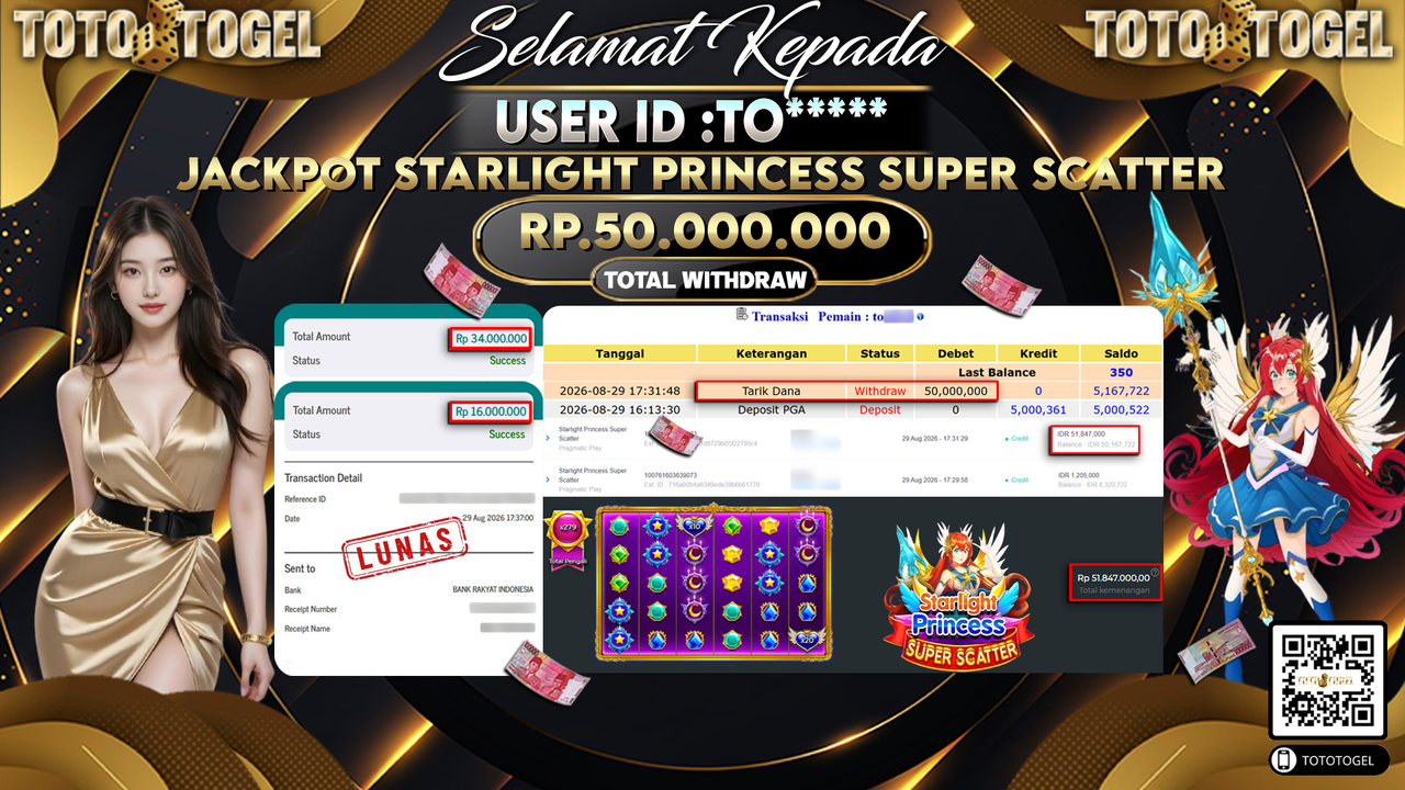 Bukti Pembayaran Jackpot Slot Starlight Princess Super Scatter ID:TO*****LUNAS