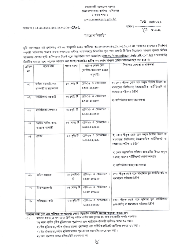 Manikganj DC Office Job Circular 2022