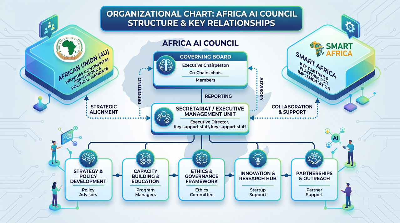 An organizational chart showing the structure of the Africa AI Council and its relationship to Smart Africa and the African Union