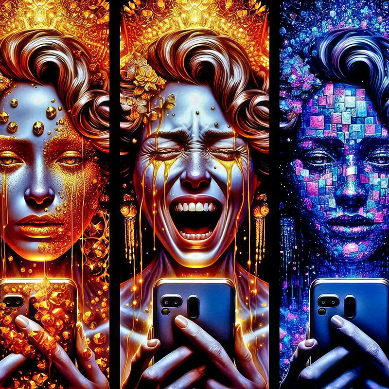 pretty face split revealing beautiful crystals A triptych thaighting, cyberbullying themes