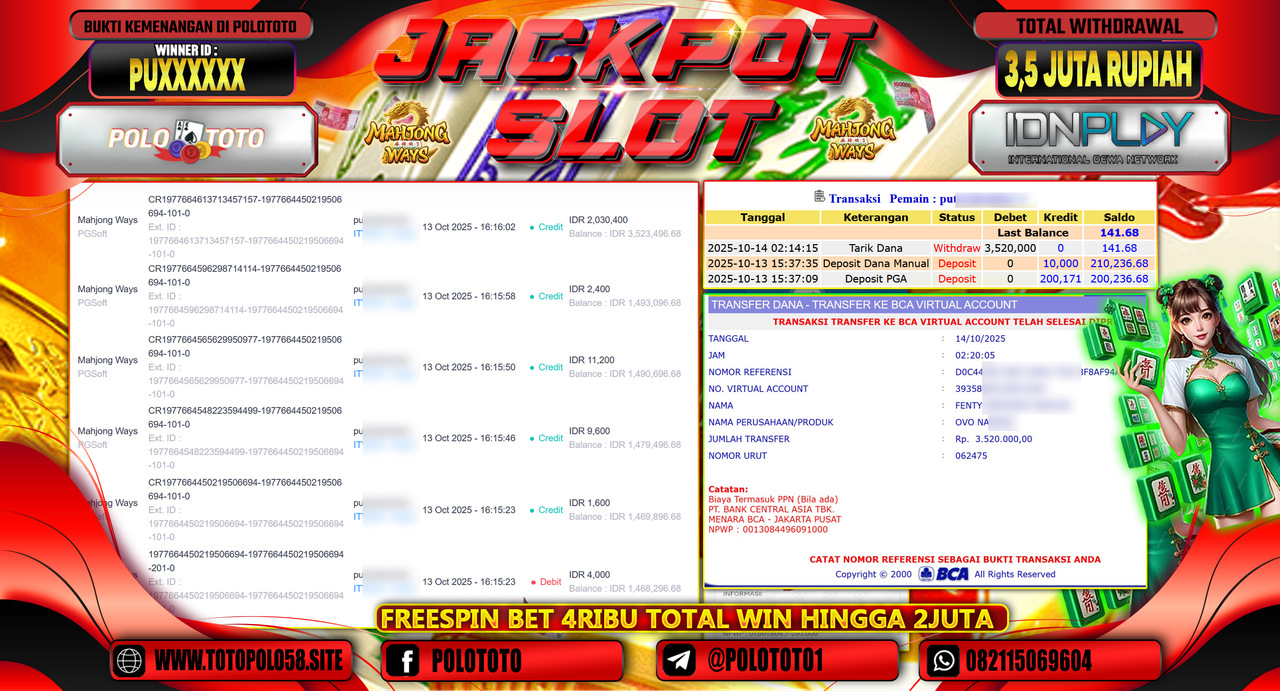POLOTOTO JACKPOT SLOT MAHJONG WAYS Rp.3.500.000,- LUNAS