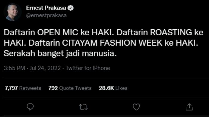 Ernest Prakasa kecam Baim Wong yang daftarkan Citayam Fashion Week ke HAKI