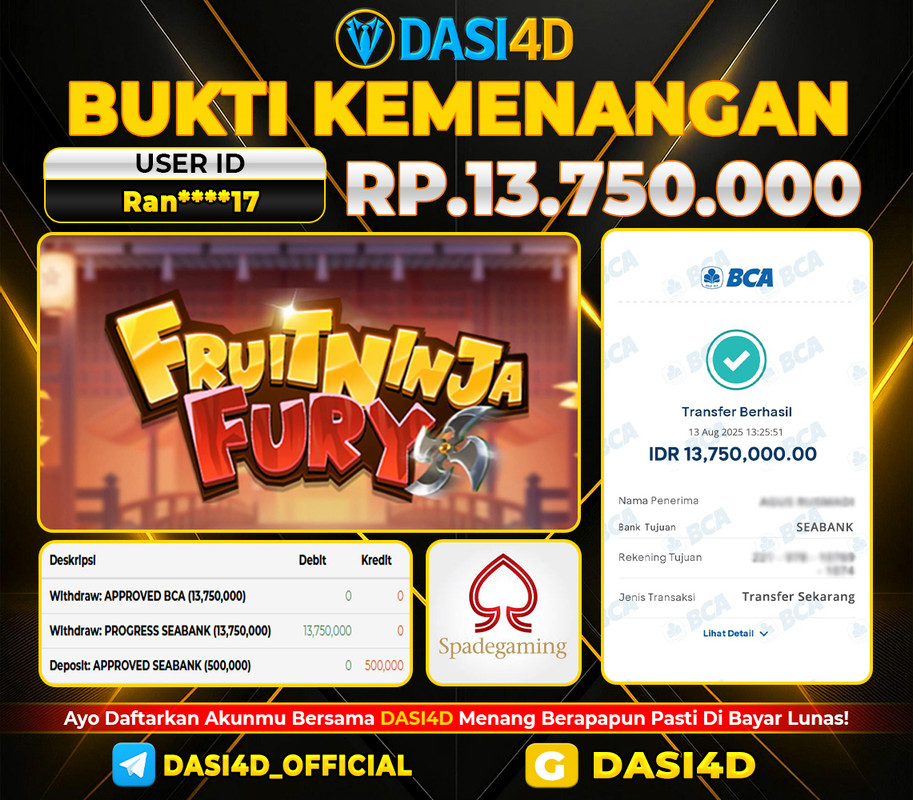 BUKTI KEMENANGAN 13 AGUSTUS 2025 DI FRUITNINJA FURY WD 13.750.000