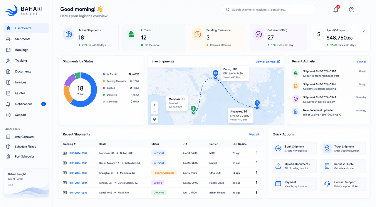 Bahari Freight client portal dashboard — real-time shipment tracking, invoice management, and quote history