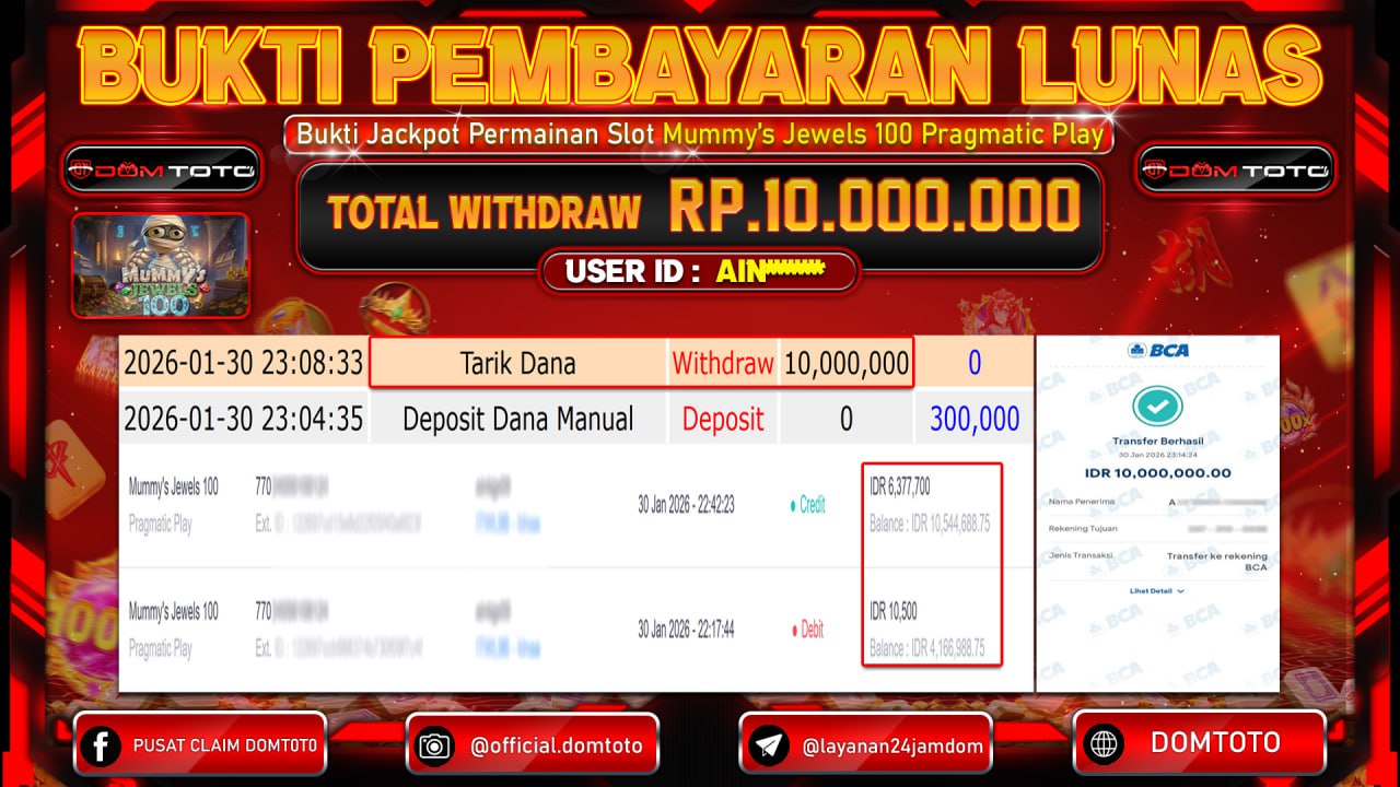 JACKPOT SLOT MUMMY S JEWELS 100 PRAGMATIC PLAY 30 JANUARI 2026