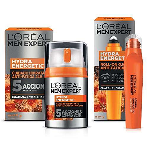 Amazon: Kit Hydra Energetic, crema para hombre y roll on anti ojeras con extracto de Vitamina C y Guarana. L'Oréal Paris Men Expert