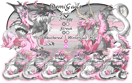 Demi-Goals. Goaler Breed. Colors and Genes will be Moon or White Shaggy Primary, Moon or White Streak Secondary, and Rose Tertiary color with 15% Weathered or 85% Wintercoat Tertiary gene. Breeds in Arcane. This pairs colors and genes resemble the Demigirl Pride flag