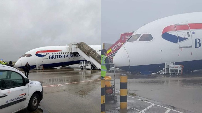 Pesawat British Airways yang jatuh secara dramatis di landasan pacu Bandara Heathrow.
