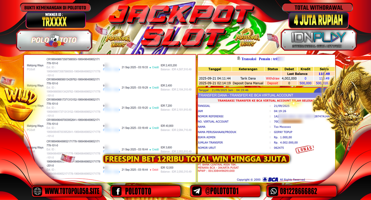 POLOTOTO JACKPOT SLOT MAHJONG WAYS Rp.4.002.000,-