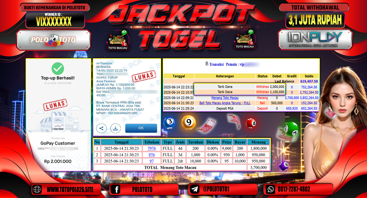 POLOTOTO JACKPOT TOGEL TOTO MACAU Rp.3.100.000,-