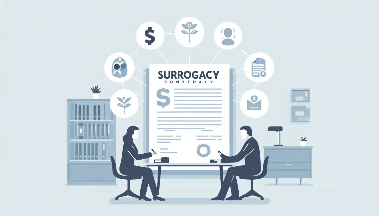 Surrogacy contract illustration showing legal representation, compensation, and responsibilities for both parties in Alaska surrogacy agreements.