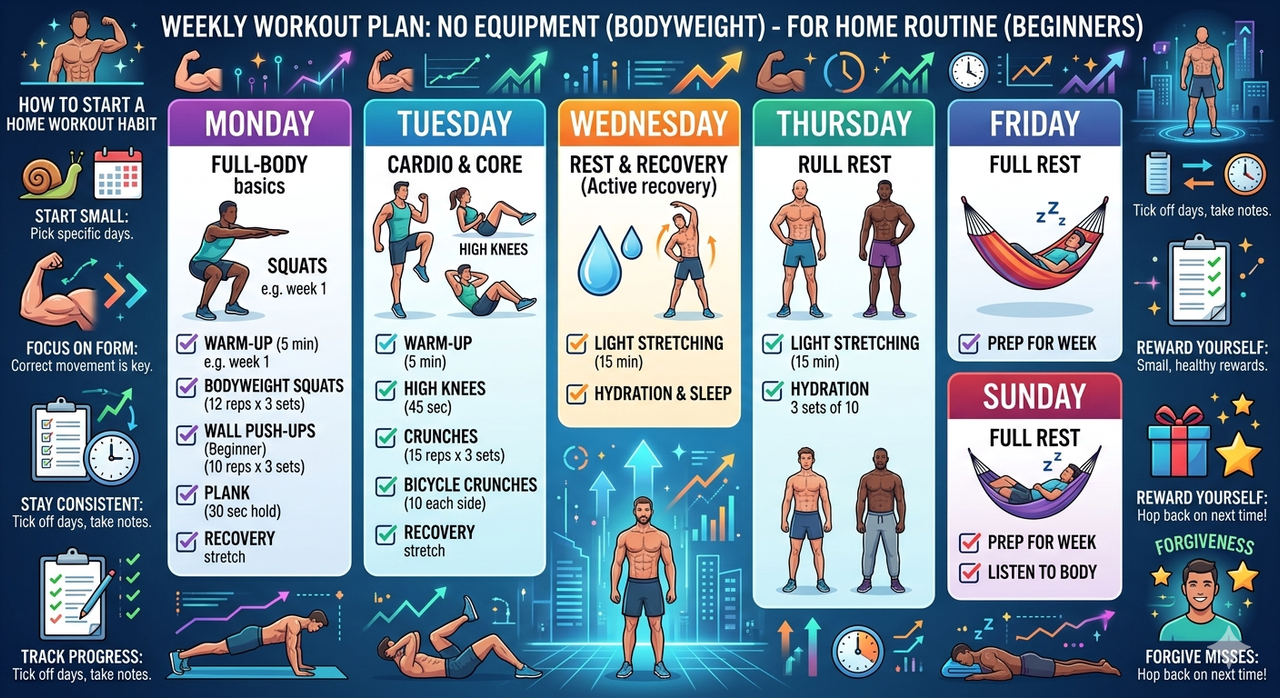 Weekly workout plan no equipment showing 7 day fitness plan with bodyweight exercises for home workout routine for beginners