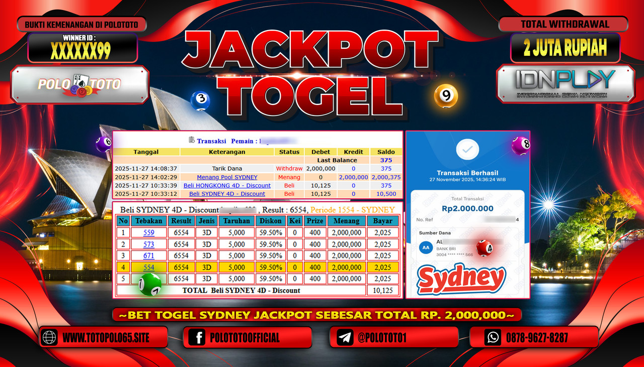 POLOTOTO JACKPOT TOGEL MENANG POOL SYDNEY Rp.2.000.000,- LUNAS