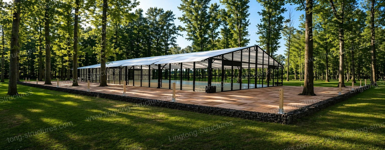 Lingtong European style wedding event tent with elegant drape and fairy lights for outdoor romantic wedding