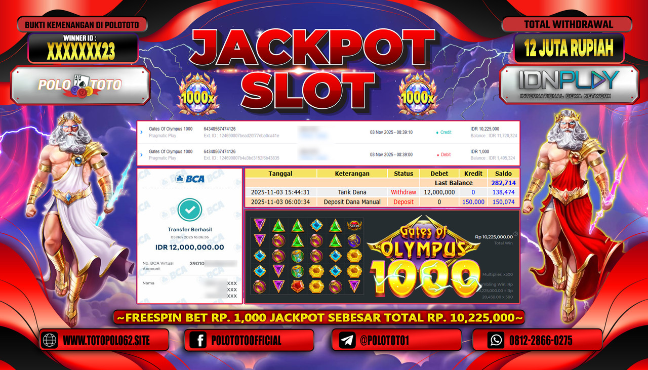 POLOTOTO JACKPOT SLOT GATES OF OLYMPUS 1000 Rp.12.000.000,- LUNAS