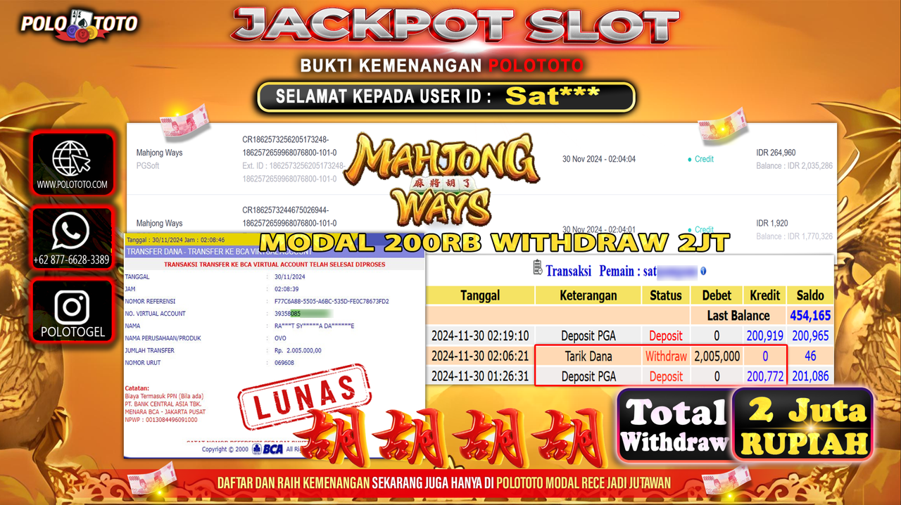 POLOTOTO JACKPOT SLOT MAHJONG WAYS Rp.2,005.000,-