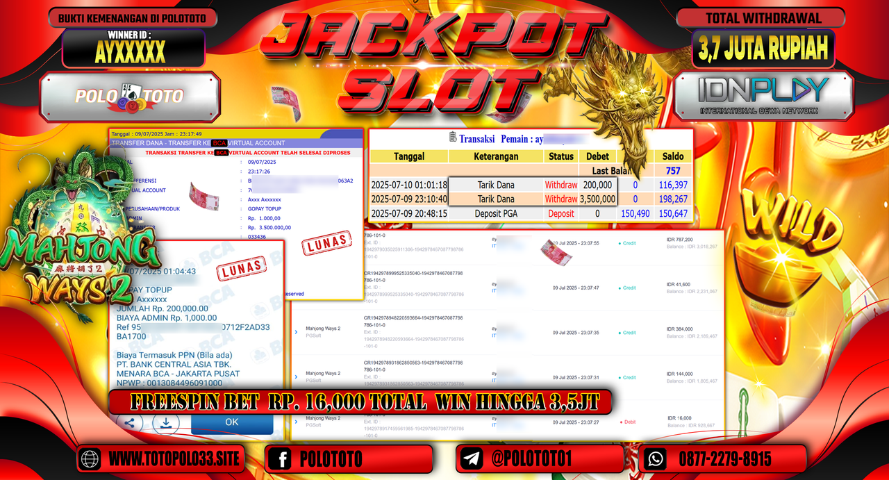 POLOTOTO JACKPOT SLOT MAHJONG WAYS 2 Rp.3.700.000,-