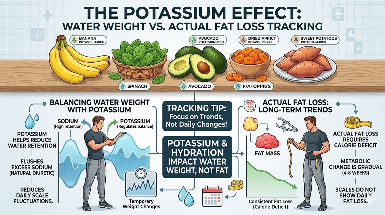 Assortment of potassium-rich foods including bananas, spinach, avocados for difference between water weight and actual fat loss