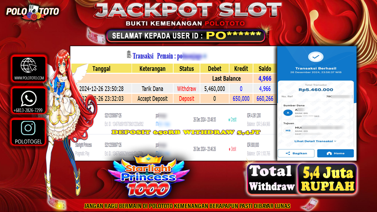 POLOTOTO JACKPOT SLOT STARLIGHT PRINCESS 1000 Rp.5,460.000,-