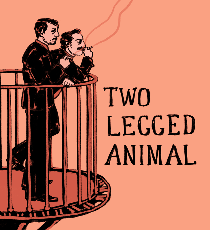 a digital drawing of Jean Vicquemare and a younger Harry Du Bois (with a shorter hair and a moustache instead of mutton chops) in profile, wearing their RCM uniforms while leaning over a balcony and smoking. Text to the right of the figures reads "TWO LEGGED ANIMAL"