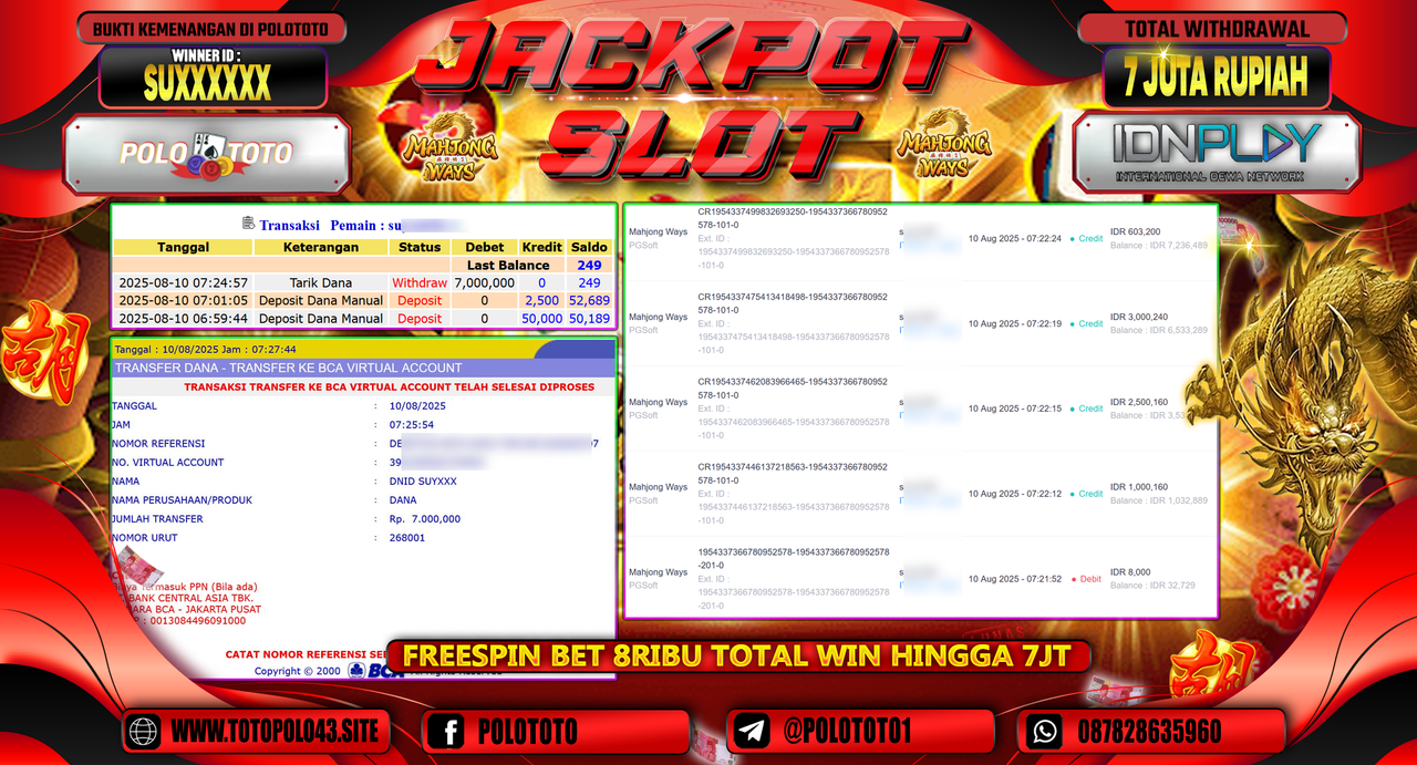 POLOTOTO JACKPOT SLOT MAHJONG WAYS Rp.7.000.000,-LUNAS