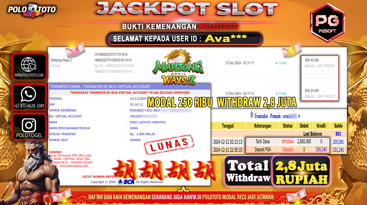 POLOTOTO JACKPOT SLOT MAHJONG WAYS 2 Rp.2,800.000,-