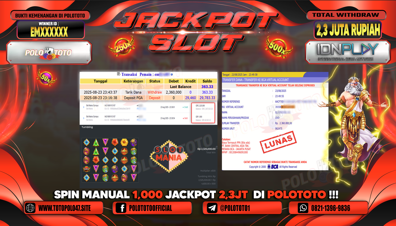 POLOTOTO JACKPOT SLOT MANIA OLYMPUS Rp.2.360.000,-