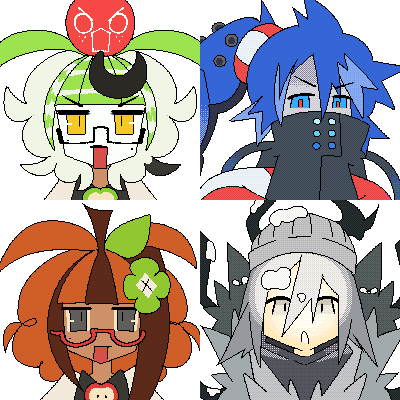 Commission example of four animated chaacter icons, fully dithered.