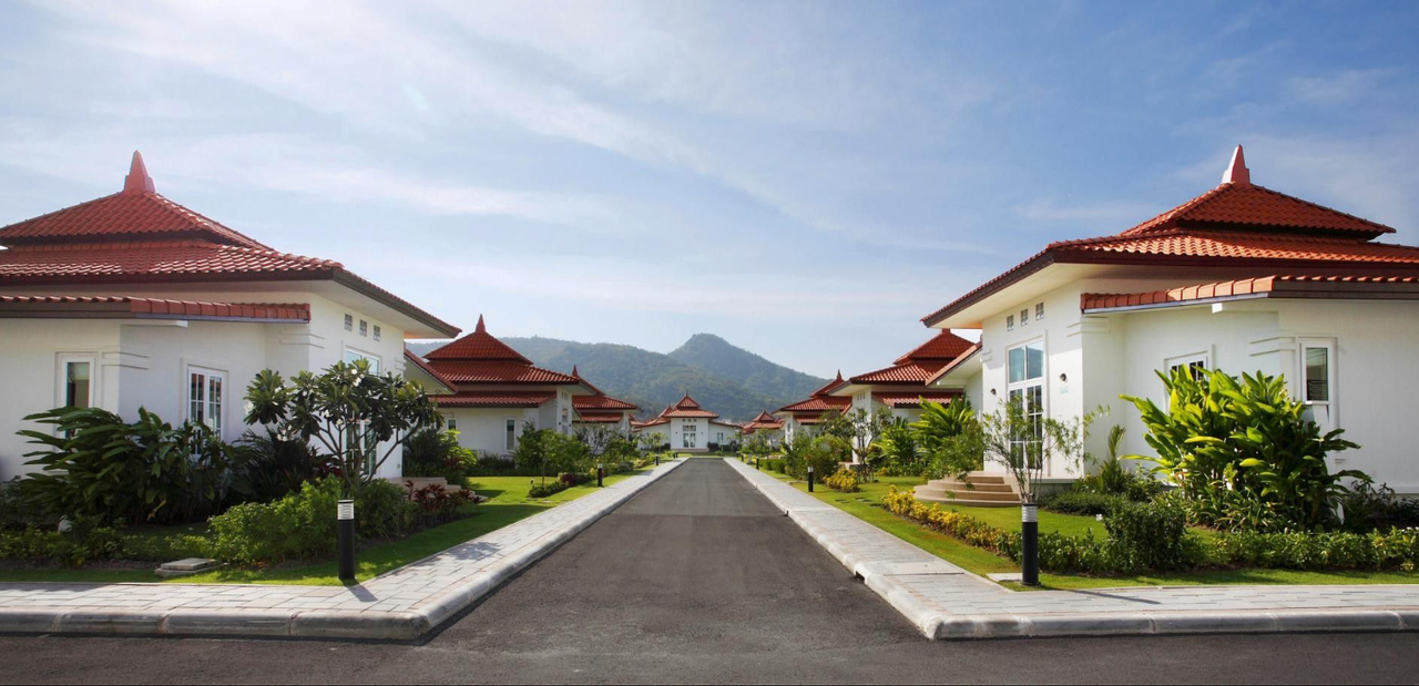 Thai community house row in white and red roof