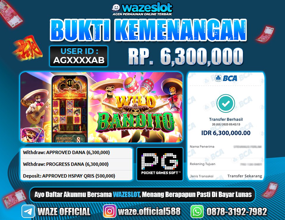 BUKTI KEMENANGAN 20 JULI 2025 DI GAME WILD BANDITO ( PG SOFT )