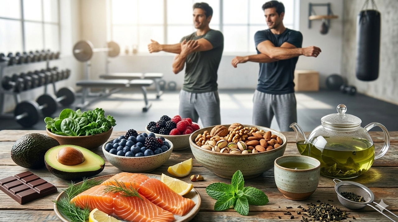 Assortment of anti-stress foods including fatty fish, berries, nuts, and green tea for impact of stress on muscle growth and performance