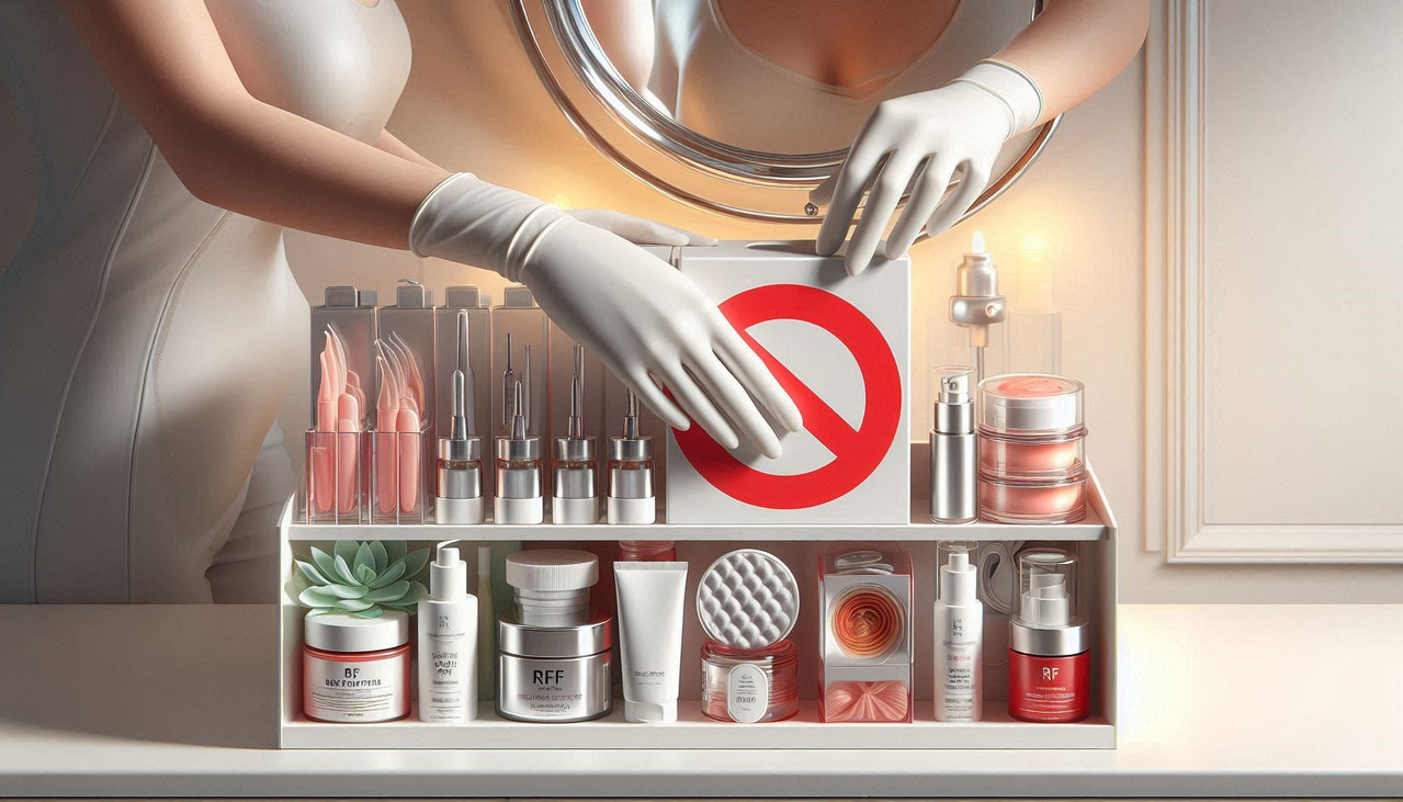 Упаковка запрещённых косметологических средств в красную коробку &mdash; ограничения по уходу за кожей вокруг глаз после лазерной коррекции