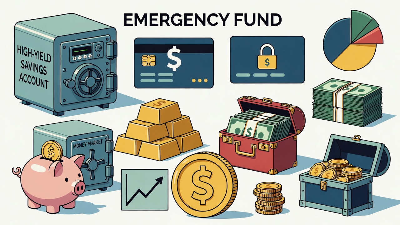 Illustration of different savings vehicles for an emergency fund including high-yield savings account and money market