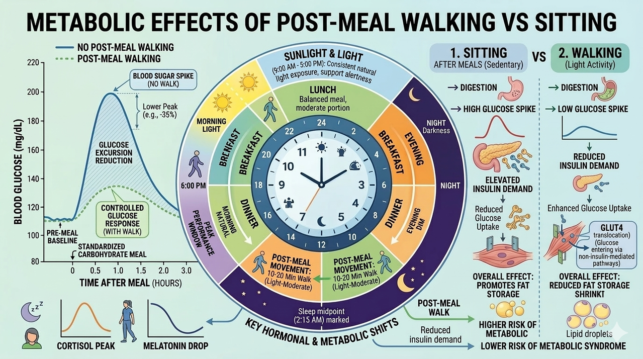 Graph showing blood sugar spike after meal with and without walking illustrating post-meal walking benefits for glucose control