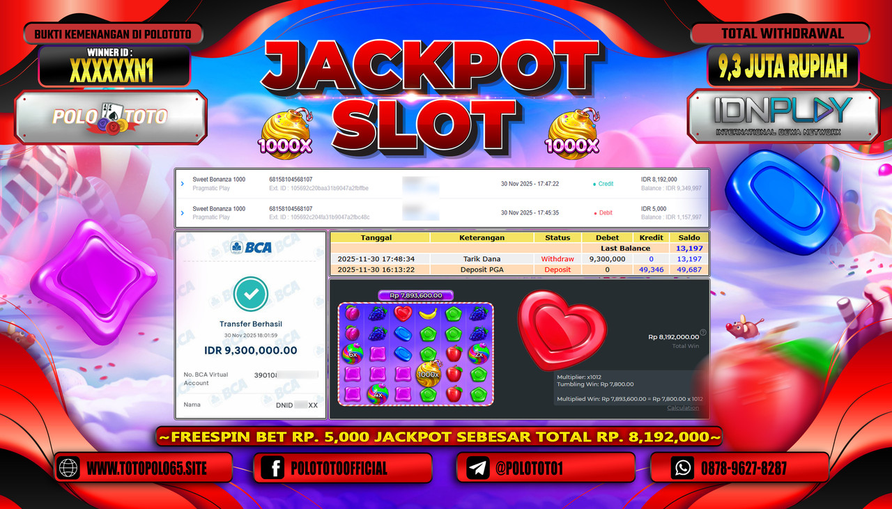 POLOTOTO JACKPOT SLOT SWEET BONANZA 1000 Rp.9.300.000,- LUNAS