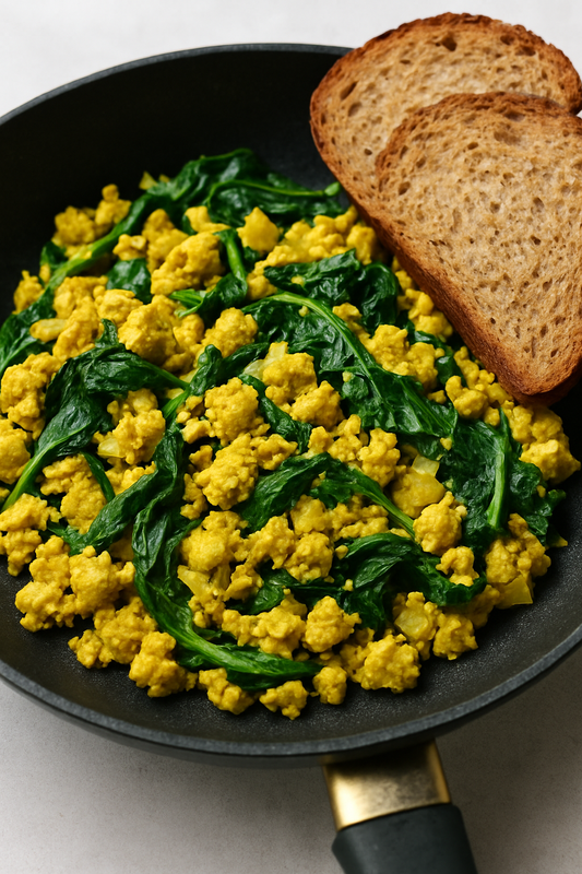 Tofu-Scramble mit Spinat in der Pfanne
