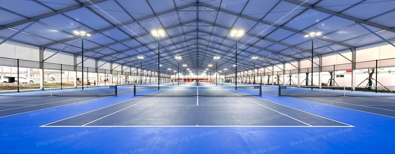 Large span aluminum tennis court tent with clear interior for tennis training and match play