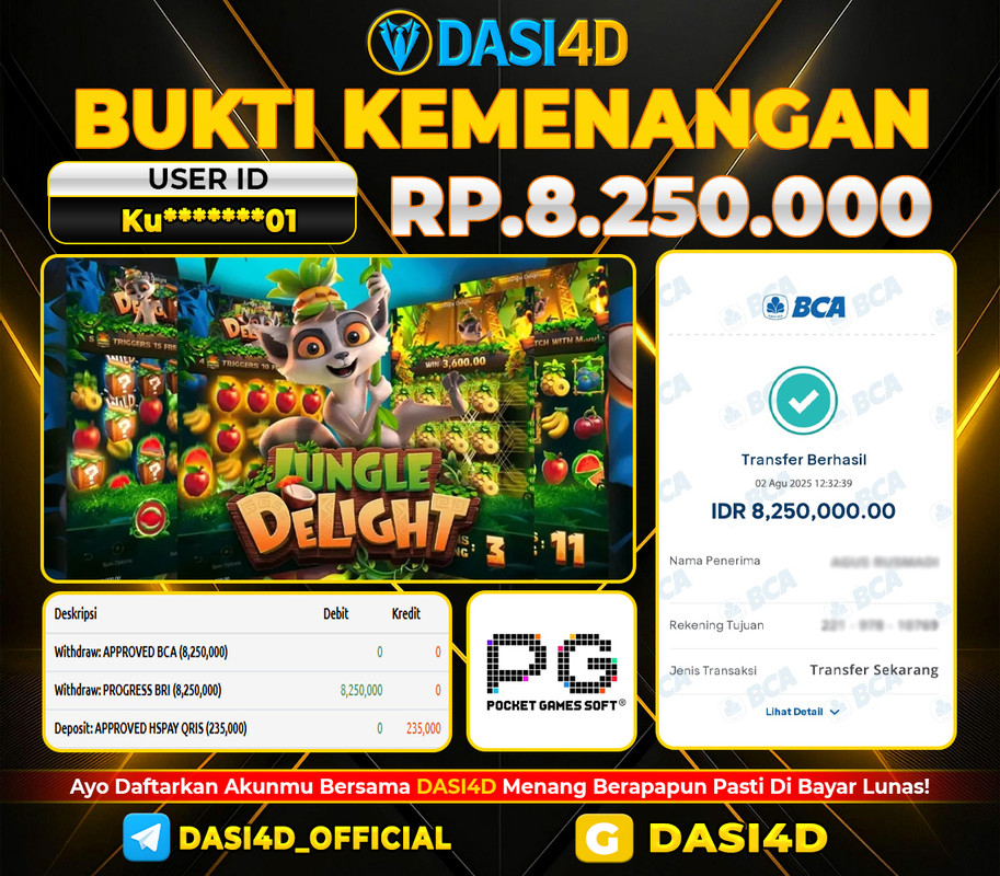 BUKTI KEMENANGAN 02 AGUSTUS DI JUNGLE DELIGHT WD 8.250.000