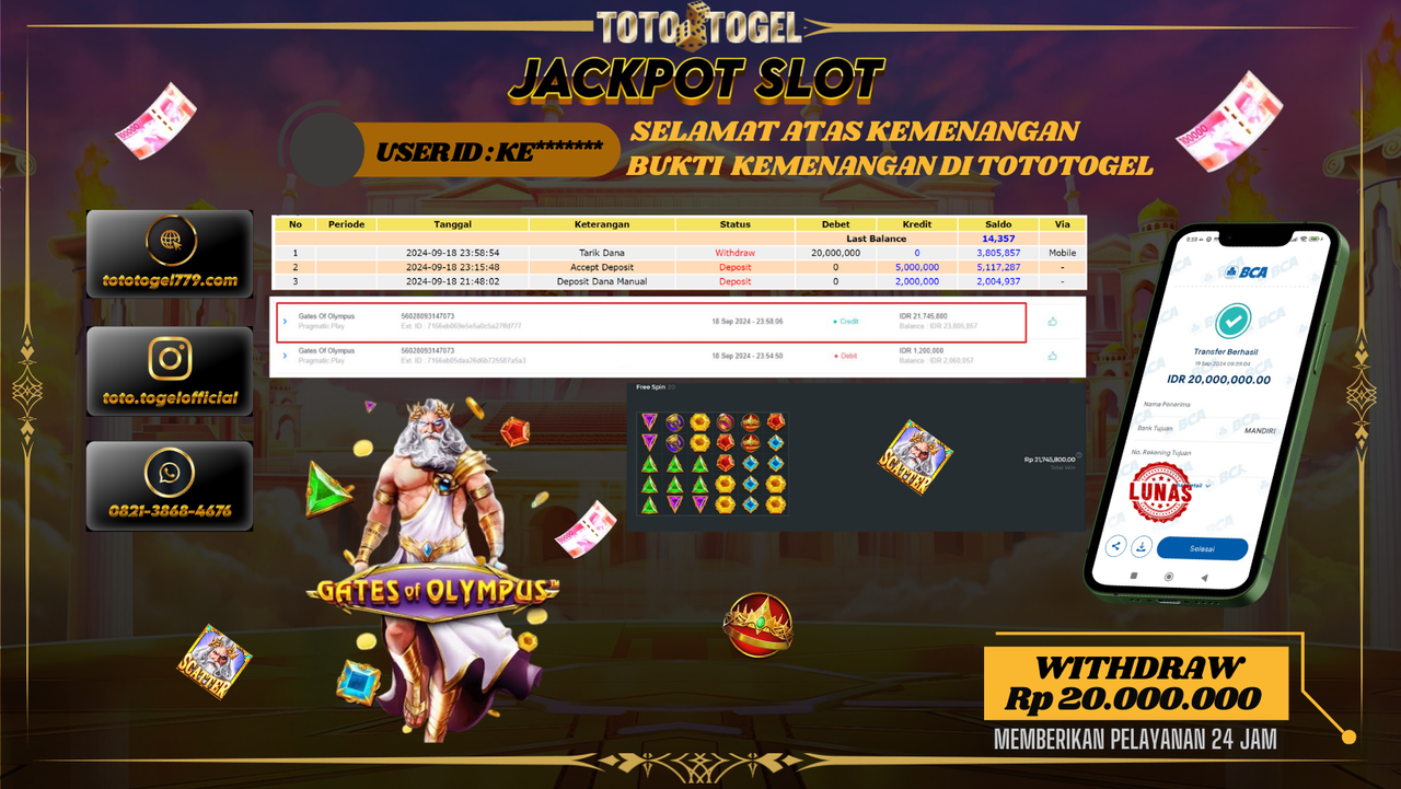 Bukti Kemenangan Permainan Slot Gates Of Olympus Dengan ID : KEM****** Terbayar Lunas!!