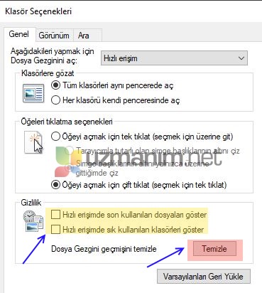 son kullanılan dosyaları temizleme Windows 10