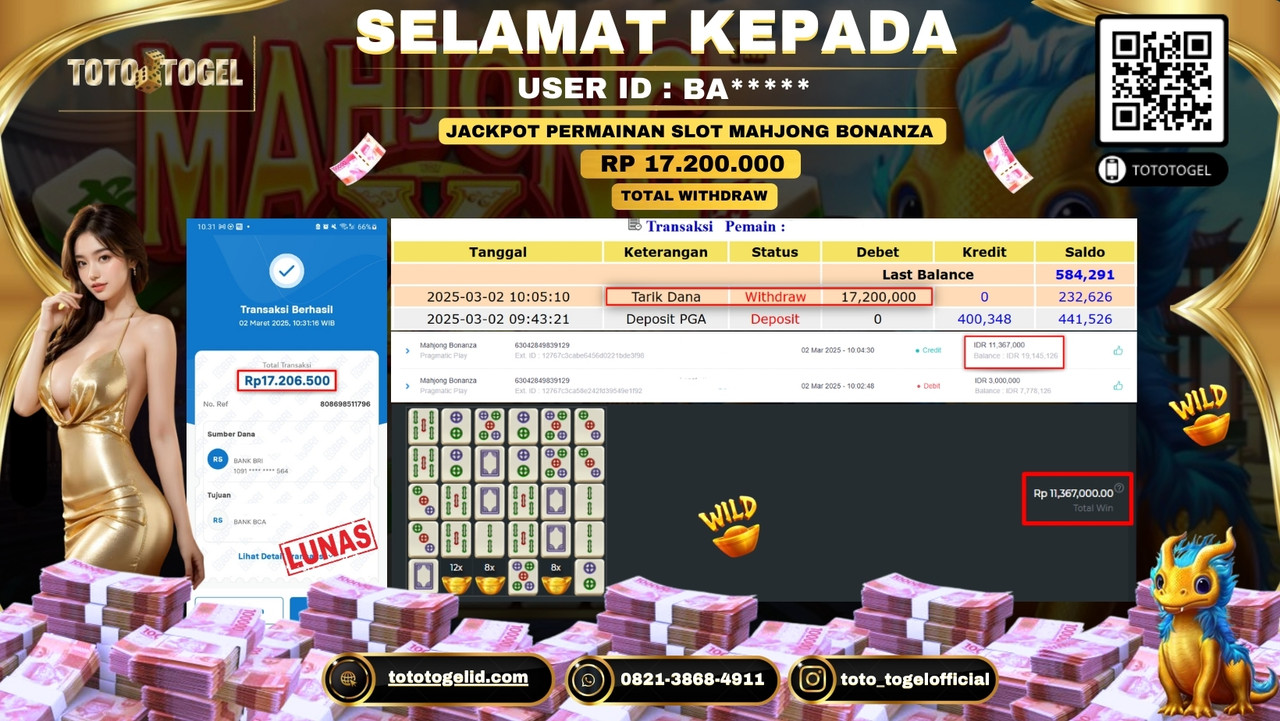 Bukti Pembayaran Jackpot  Permainan Slot Mahjong Bonanza  ID:BA***** LUNAS