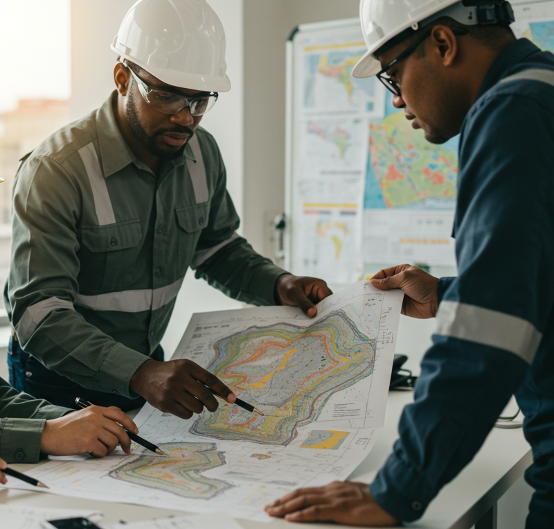 Professional mining team reviewing geological maps and site plans