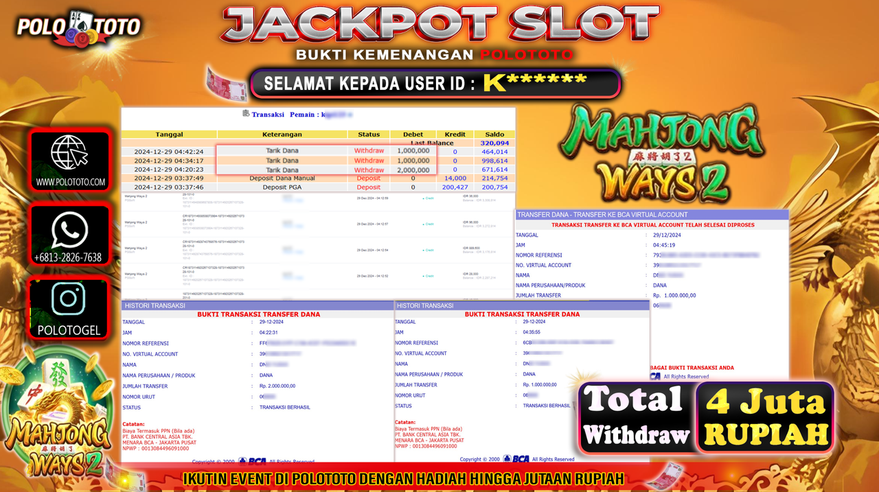 POLOTOTO JACKPOT SLOT MAHJONG WAYS 2 Rp.4,000.000,-