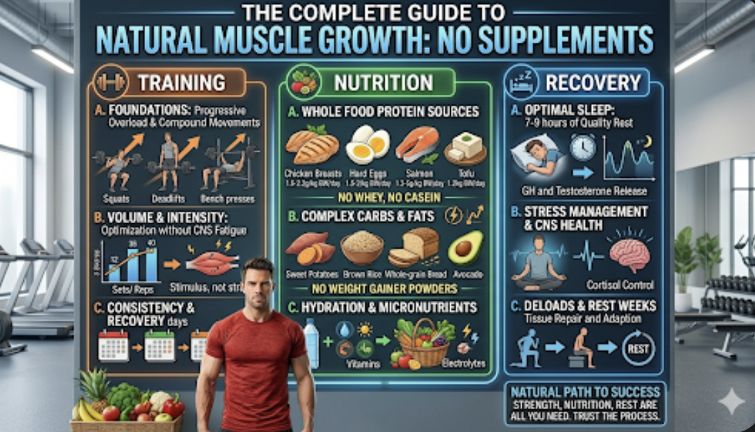 Assortment of whole food protein sources: eggs, chicken, fish, tofu, lentils, Greek yogurt, representing muscle building without protein powder