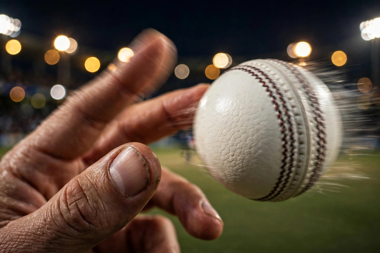 Close-up of a white cricket ball spinning out of a bowler's fingers under floodlights